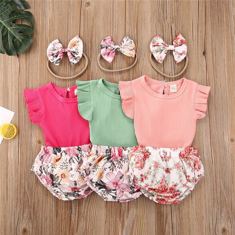 Enfant en bas âge bébé filles vêtements col rond coton à manches courtes T-shirt imprimé fleuri pantalon bandeau 3 pièces ensemble de tenue été