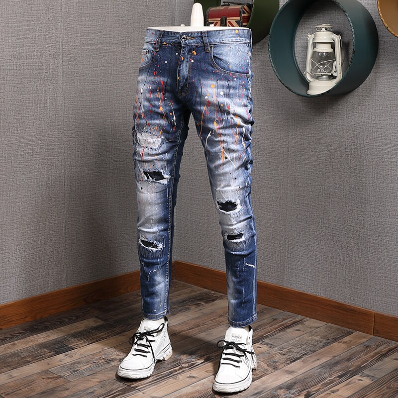 Mens Splash-ink Blue Ripped Jeans Men Slim Fit Pencil Pants Streetwear Cowboy Casual Denim Trousers