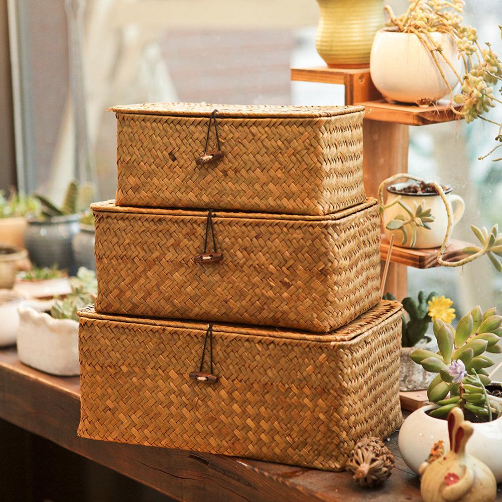Storage Basket Rattan Storage Box With Lid Hand-woven Jewelry Box Wicker Makeup Organizer Food Container Storage Boxes
