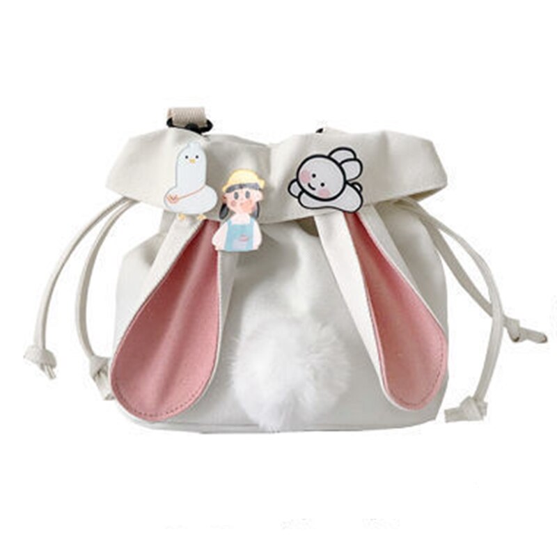 SchöNe Kaninchen Ohren Leinwand Tasche Lolita Mädchen Studenten Kordelzug Tasche Bote Taschen: Weiß