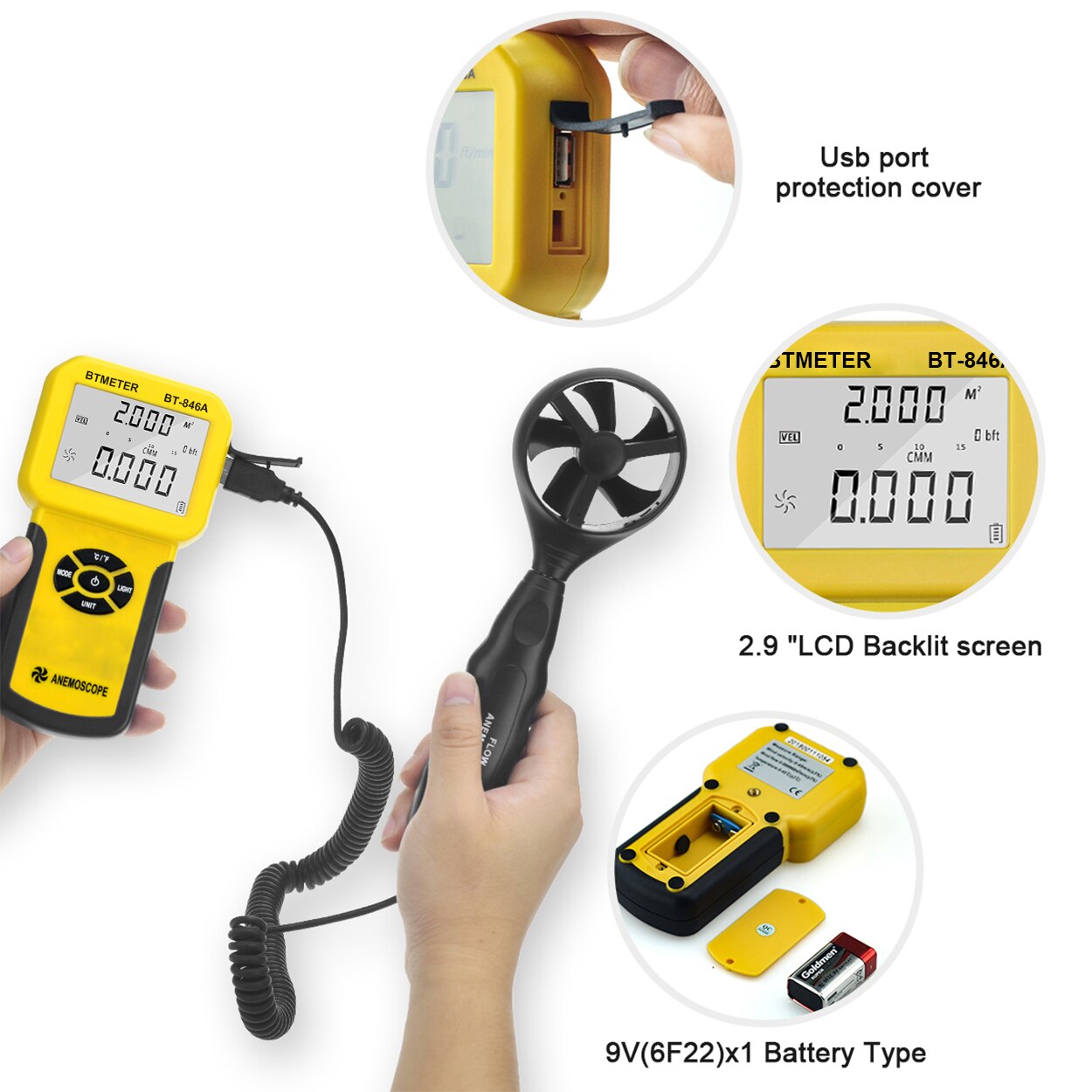 El Anemómetro BTMETER BT-846A Pro HVAC mide la velocidad del viento la temperatura del flujo del viento CFM el medidor de velocidad del flujo del aire con luz de fondo