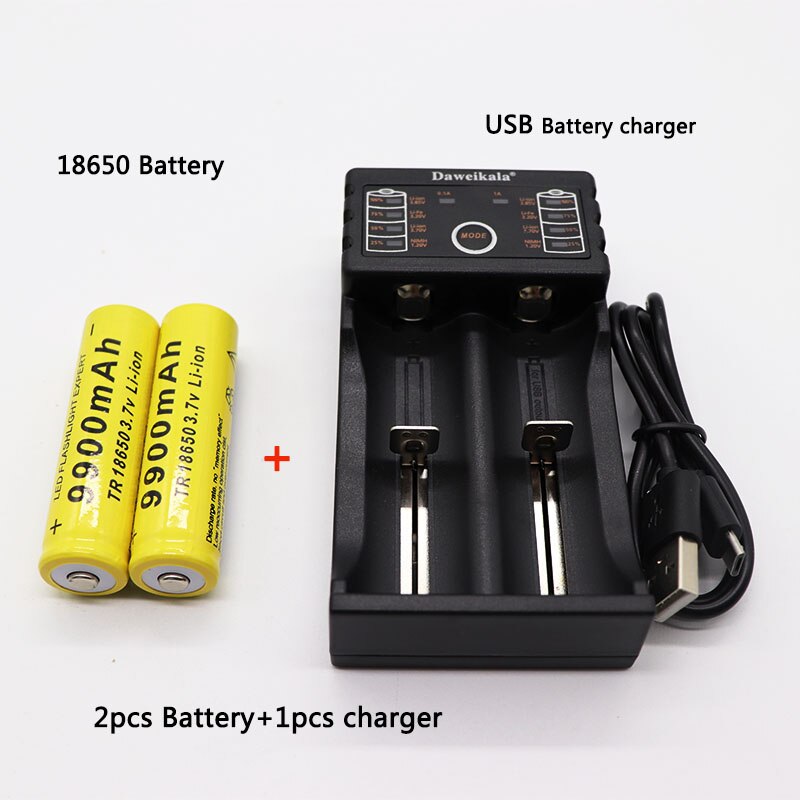100% Original 18650 Batteries Flashlight 18650 Rechargeable-Battery 3.7V 9900 mAh for Flashlight + charger: Gold