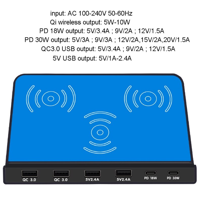 Universal 6Ports 30W Type C PD QC3.0 USB 10W Dual Wireless Charger Station Stand for Laptop Cellphone Tablet Fast Charger