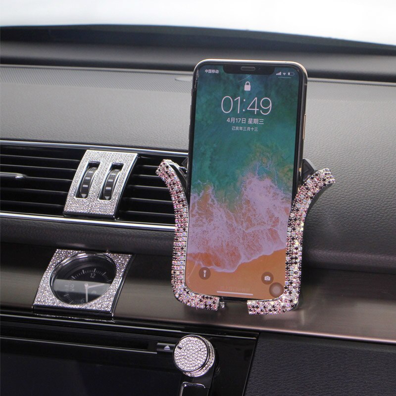 Soporte Universal para teléfono móvil de coche, con cristal de Bing, diamantes de imitación, Clip de montaje para rejilla de ventilación de coche, para iPhone, Samsung, soporte para coche: purple