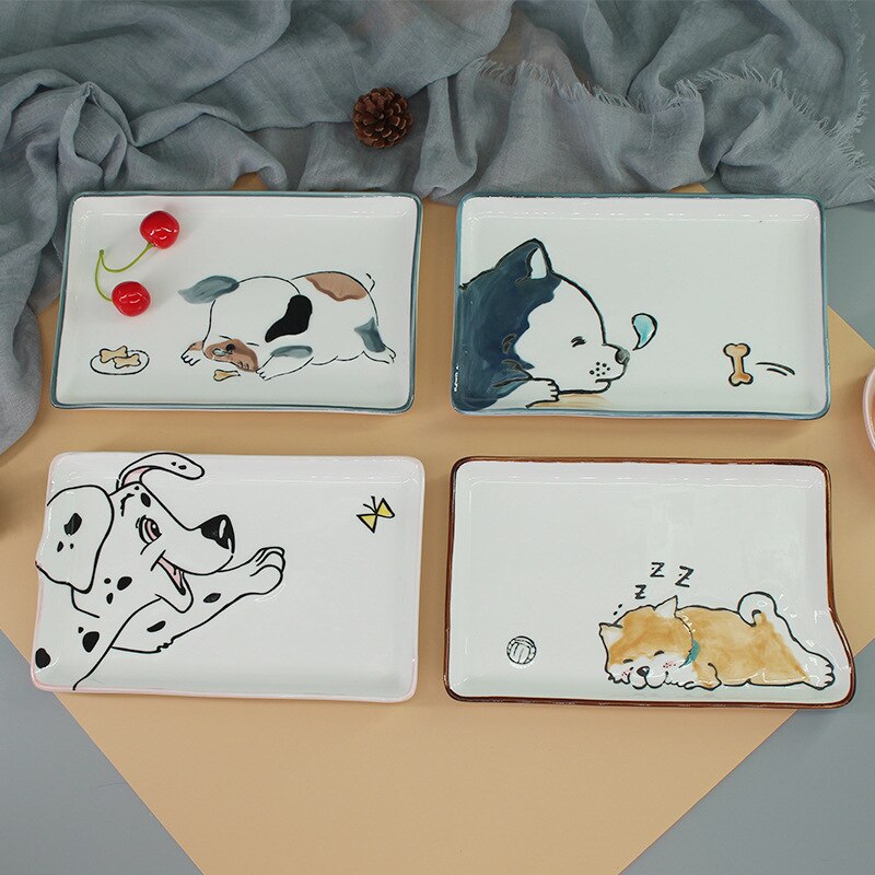 8.5 inch Cute Dog Ceramic Sushi Dish Plate Rectangular Fruit Plate Fish Plate Food Container Dinnerware Crockery