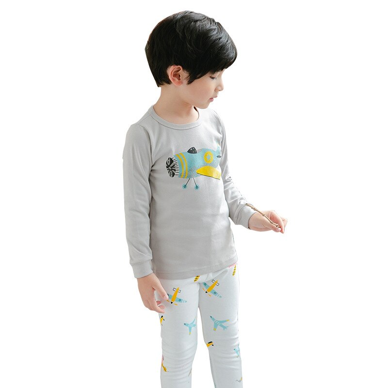 Drengeprint tegneserie sølvplan børns pyjamas langærmet rund hals sæt børn bukser nattøj nattøj outfit: 150cm