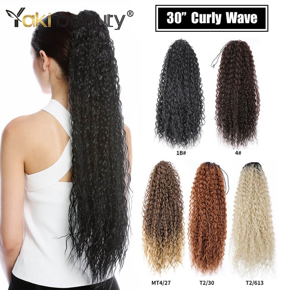 Synthetic Ponytail Water Wave Hair Extension 30Inch 140G Long Natural Black Omber Color Hairpieces For Women By YAKI BEAUTY