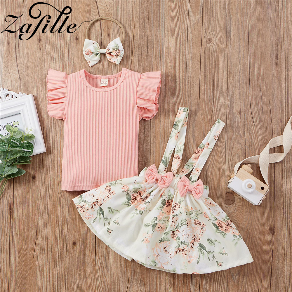 Zlaille – ensemble de jupe pour bébé fille, vêtements d'été en coton tricoté, haut à bretelles, avec bandeau