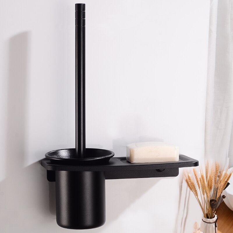 Toiletborstel Houder Zwart Aluminium Moderne Wc Borstel Houder Set Met Plank Creatieve Wandmontage Bad Borstel Houder