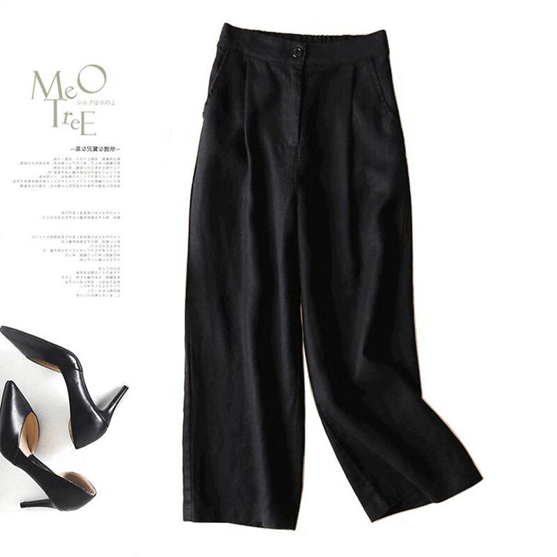 Comfortable Linen Wide-leg Pants Office Ladies Elastic Waist Formal Pants: 3 / M