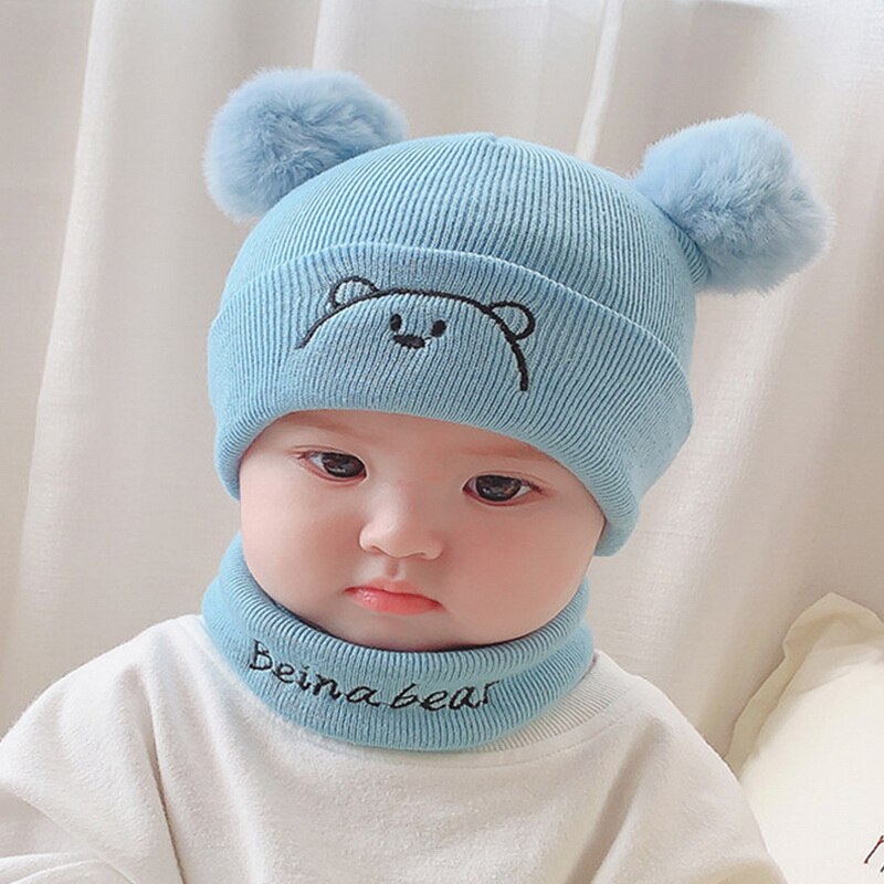 Baby winter warme mutsen 2 stuks peutermuts + twitter pompon kindermuts muts enfant gebreide schattige muts voor meisjes jongens 0-24 maanden: Blauwe set