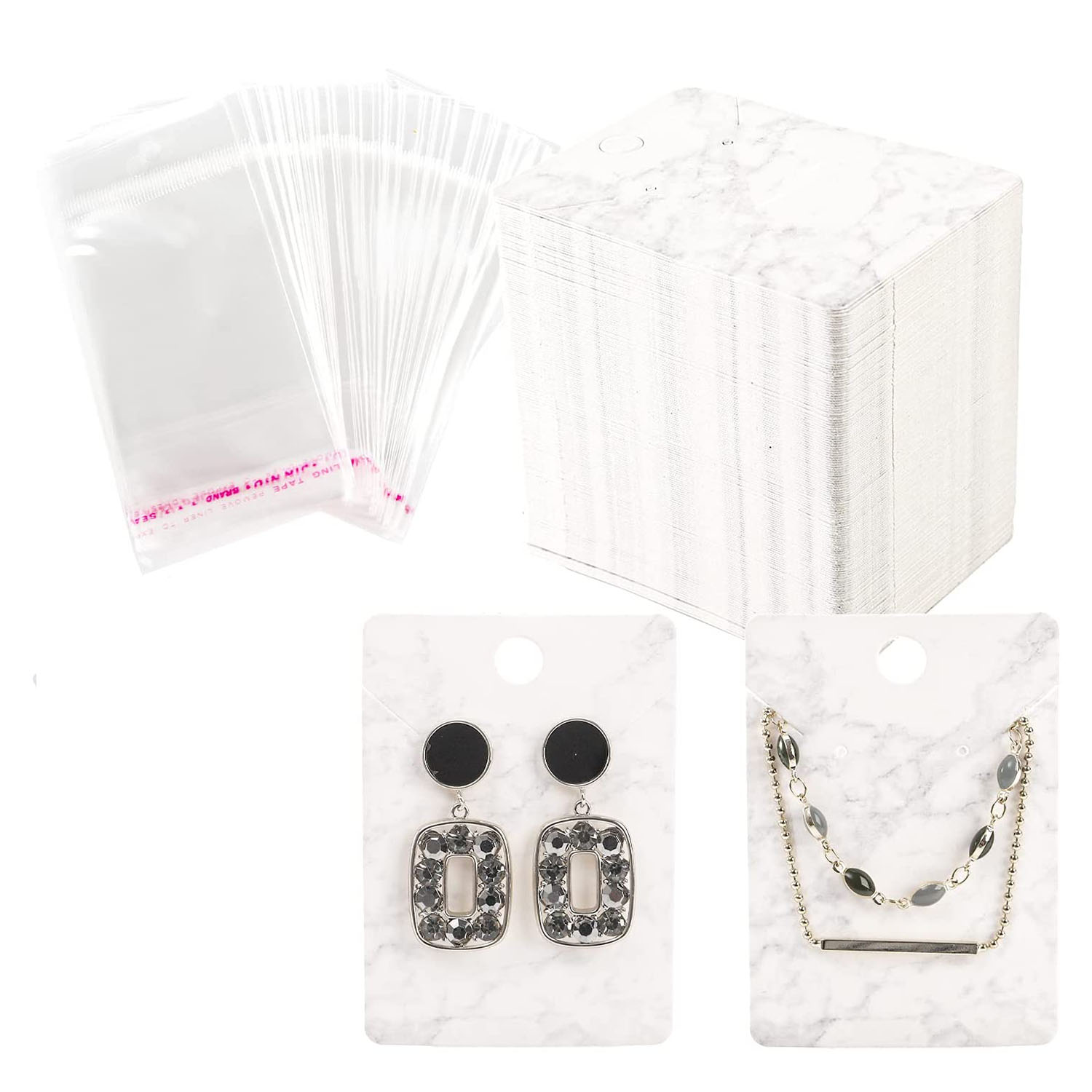 50pcs Paper Earring Display Cards with Self-Seal Bags Colorful Marbling DIY Handmade Packing Cards for Earring Stud Necklace