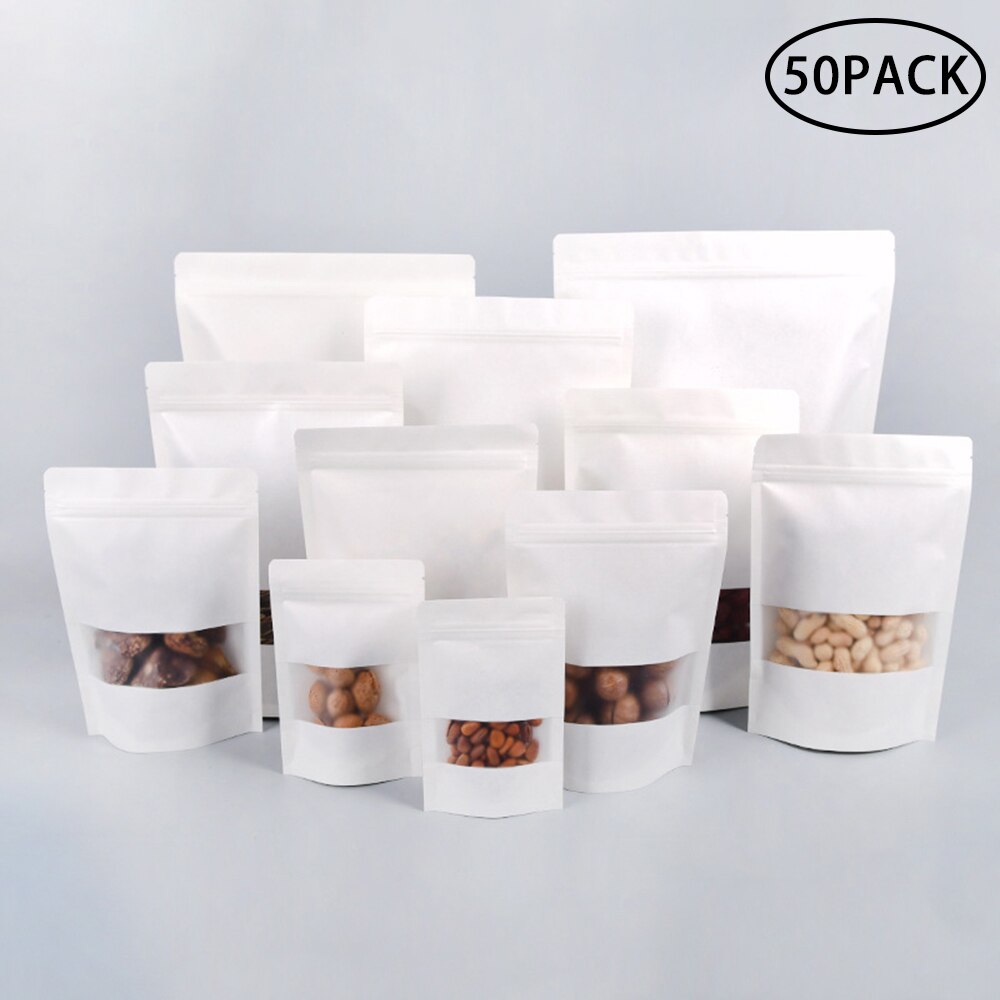 50pcs White Kraft Paper Bags Stand Up Zipper/zip Lock Candy Tea Dried Fruit Packaging Moisture-proof Open Window Pouch