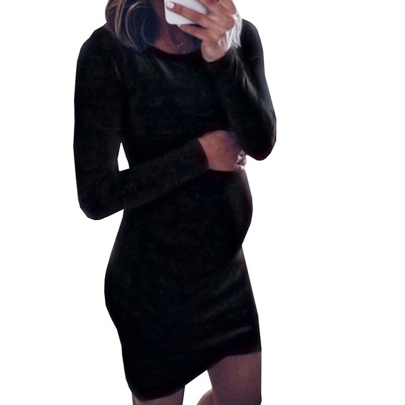 Autumn Pregnancy Dresses Pregnant Women Long Sleeve Bodycon Casual Dress Mother Home Clothes Maternity Dress: black / S