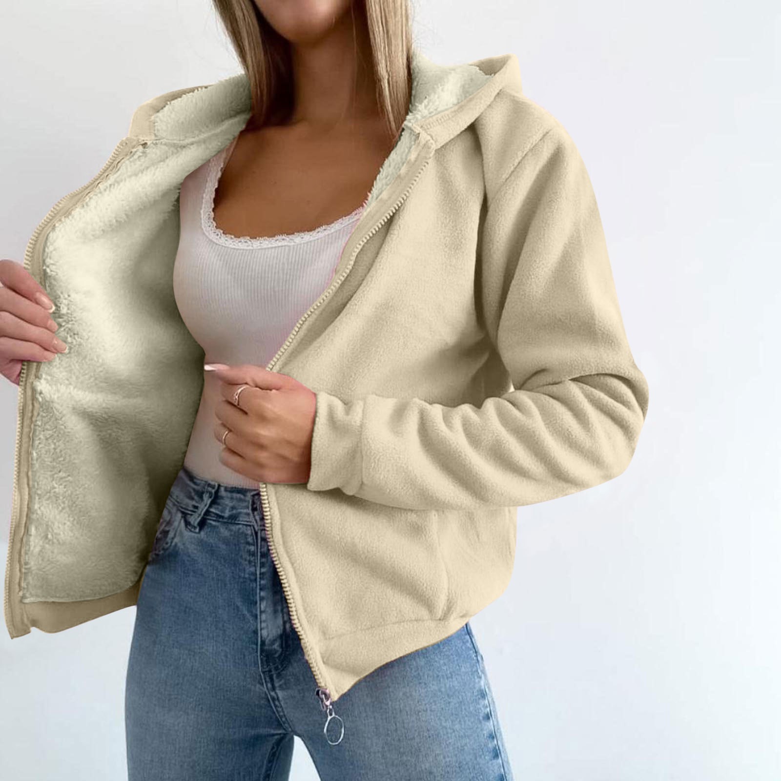 Trendy Sweatshirt Coat Front Pockets Warm Zipper Lamb Wool Jacket Men And Woman Winter Solid Color Plush Lined Cardigan Hoodie