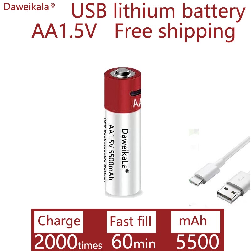 Daweikala-Batería de iones de litio recargable por USB para juguetes, reloj con termómetro, reproductor MP3, teclado, AA, 1,5 mah, 5500 V