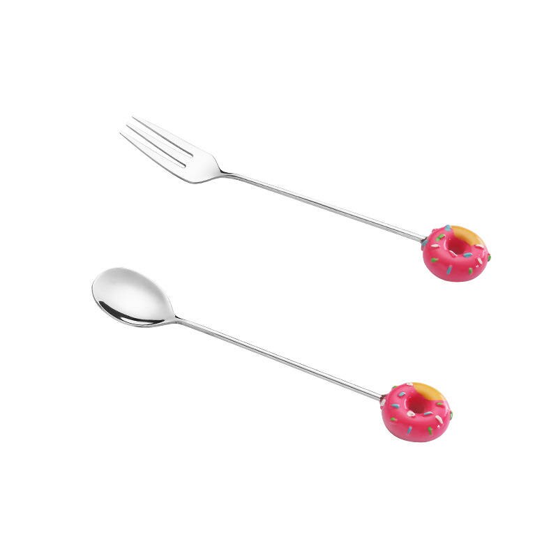 Gshy Dessert Roestvrijstalen Lepel Donut Lepel en Vork Lange Handvat Lepel Vork Fruit Theelepel 2 STKS Willekeurige Kleur