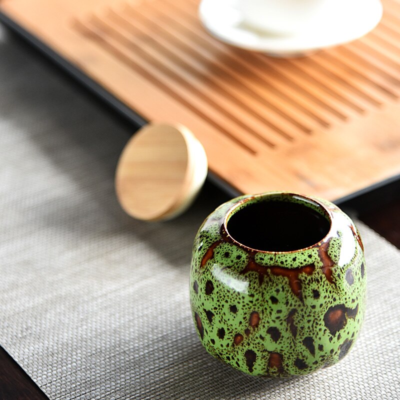 Mini Jarra de cerámica con tapa de madera sellada, recipiente portátil para té, dulces, velas aromáticas, contenedor de porcelana, decoración del hogar