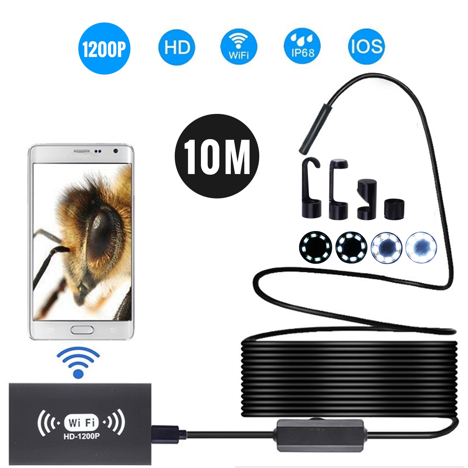 8mm Wireless 2.0MP HD Endoscope Camera IP68 Waterproof WiFi Inspection 8 LED Semi-Rigid Cable Borescope Endoscope Camera