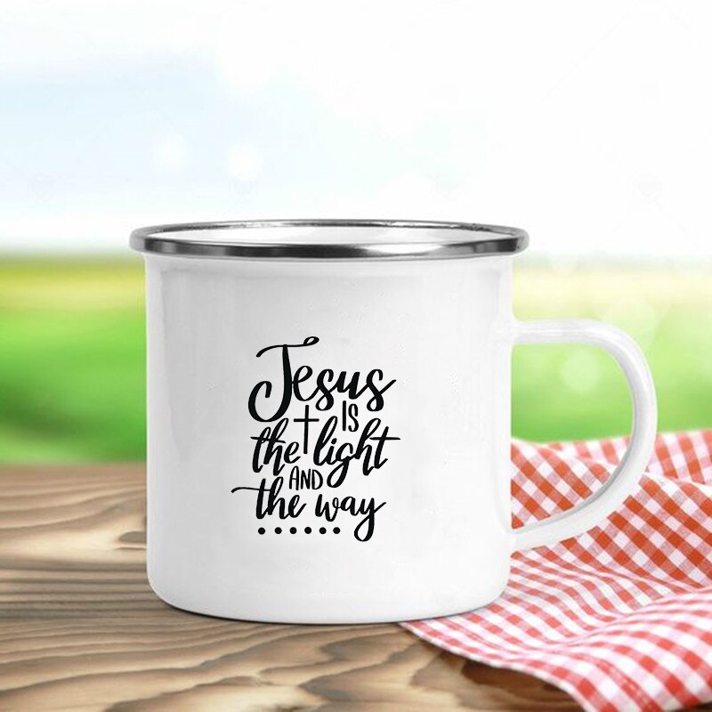 Jésus est dieu imprimer tasses en émail chrétien tasses à café boisson Dessert petit déjeuner lait tasse Vintage tasse poignée Drinkware: Bleu