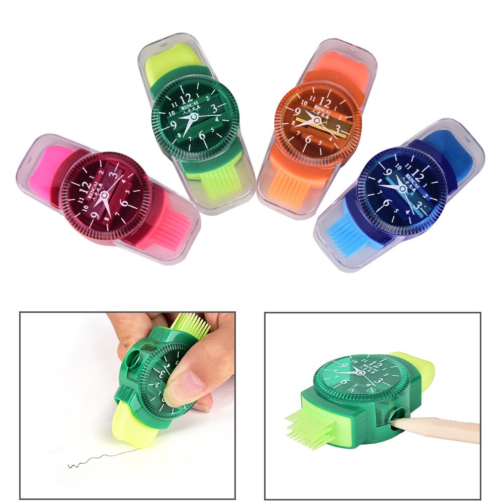 3 en 1 Mini belle Kawaii nouveauté montre-bracelet modélisation taille-crayon avec gomme et brosse fournitures de papeterie scolaire