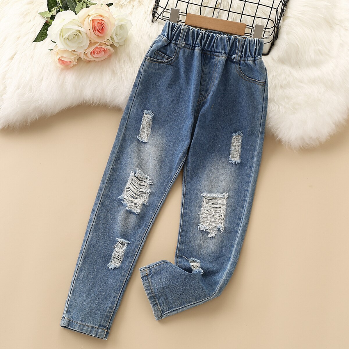 Casual Jongens Jeans Solid Elastische Taille Lange Kinderen Broek Mode Losse Gaten Jongens Denim Broek voor 6 8 10 12 jaar Kinderen: 10T