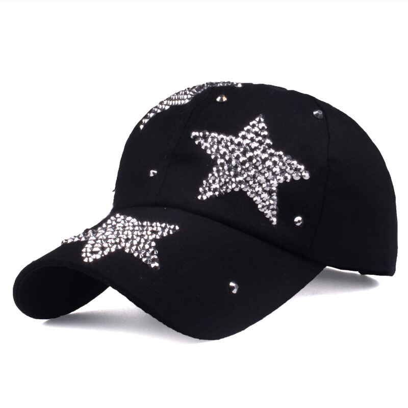 [yarbuu] mærke baseball kasketter rhinestone kasket med tre stjerner snapback casquette hat til kvinder dame ensfarvet: Sort