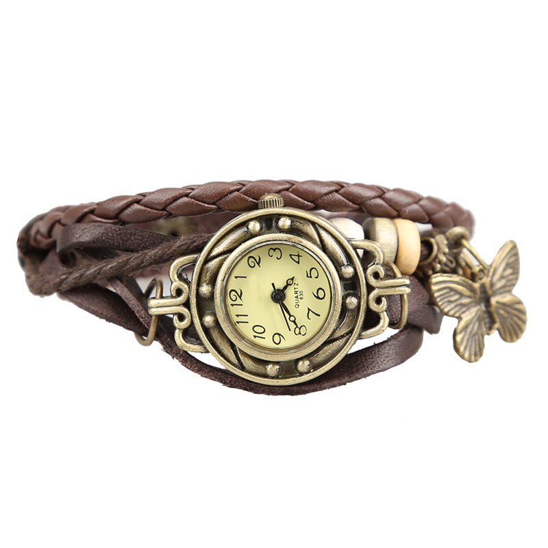 Vrouwen Retro Armband Polshorloge Weave Wrap Faux Lederen Vlinder Kralen Hanger Chain K2