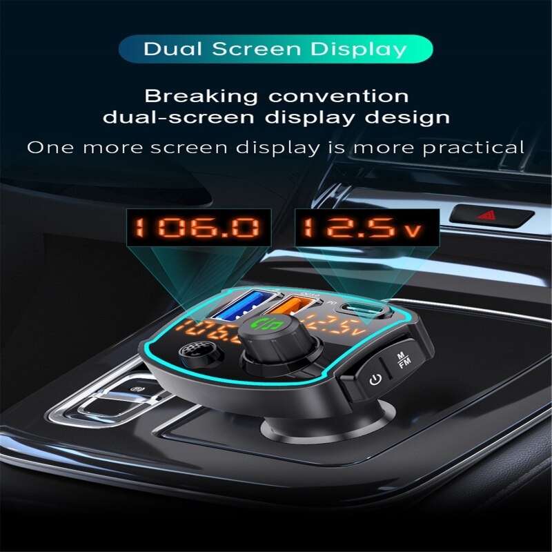 Car Bluetooth-compatible 5.0 FM transmitter Dual LCD display Car Mp3 Player Handsfree Car Kit QC3.0 PD18W Quick charge