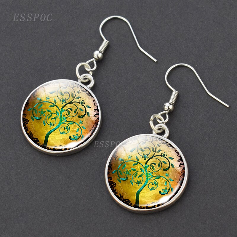 Baum des Lebens Glas Cabochon Ohrringe Silber Überzogene Baumeln Ohrringe Baum des Lebens Ohrringe Schmuck für Sie: Schwarzes verzinktes
