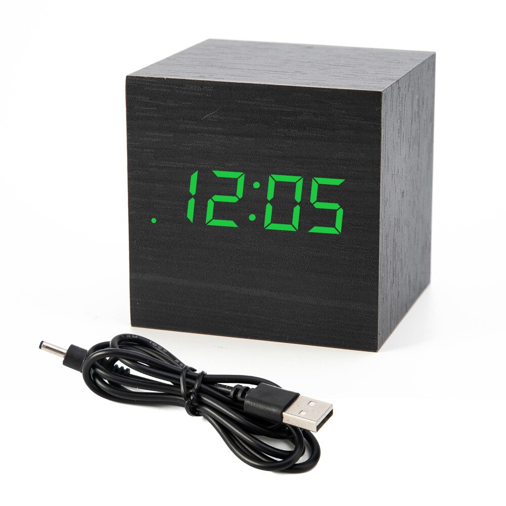! mini digital trä led väckarklocka trä retro glöd klocka skrivbord bord dekor röststyrning snooze funktion skrivbord kalender: Svart trägrön