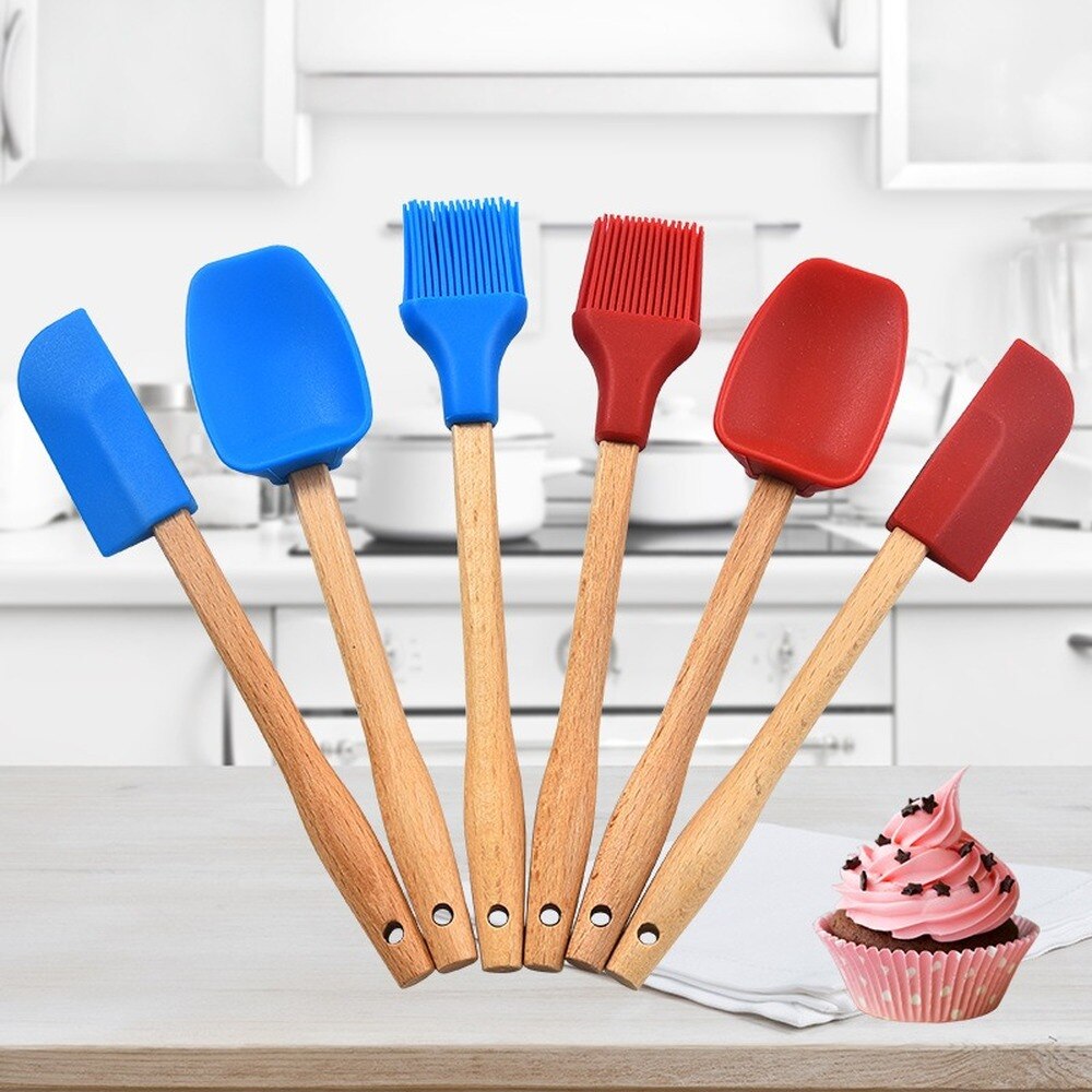 Factory Wooden Handle Silicone Small Scraper Oil Brush Spatula 3-Piece Silicone Scraper Set Baking Tools Eco-Friendly