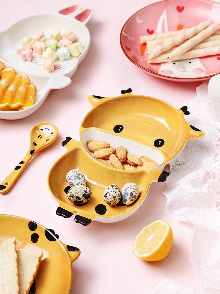 Cute cartoon ceramic tableware Kids Dinner Plate Toddler Feeding Dishes Snack dish Children Training Bowl Spoon Fork