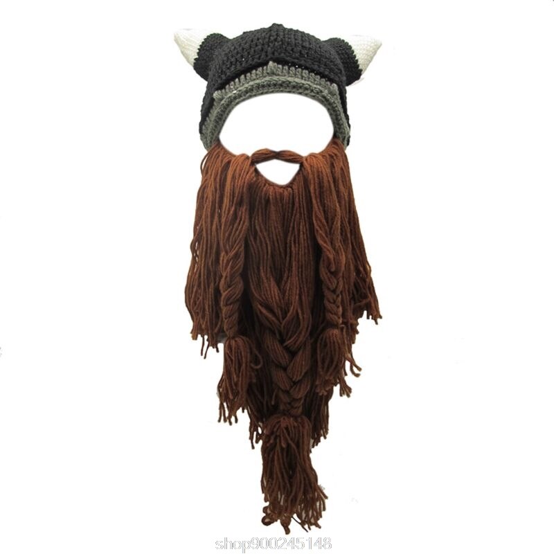 Vuxen cosplay stickad vikinga skägg horn hatt skidmask barbar vagabond vintage mössa vintervärmare  n12 20: C