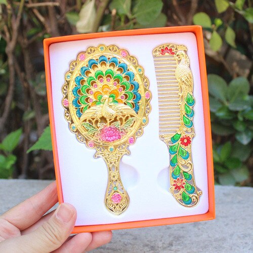 Travel retro makeup handle mirror comb set simple portable dormitory decor student mirror Peacock mirror LB41613: 2