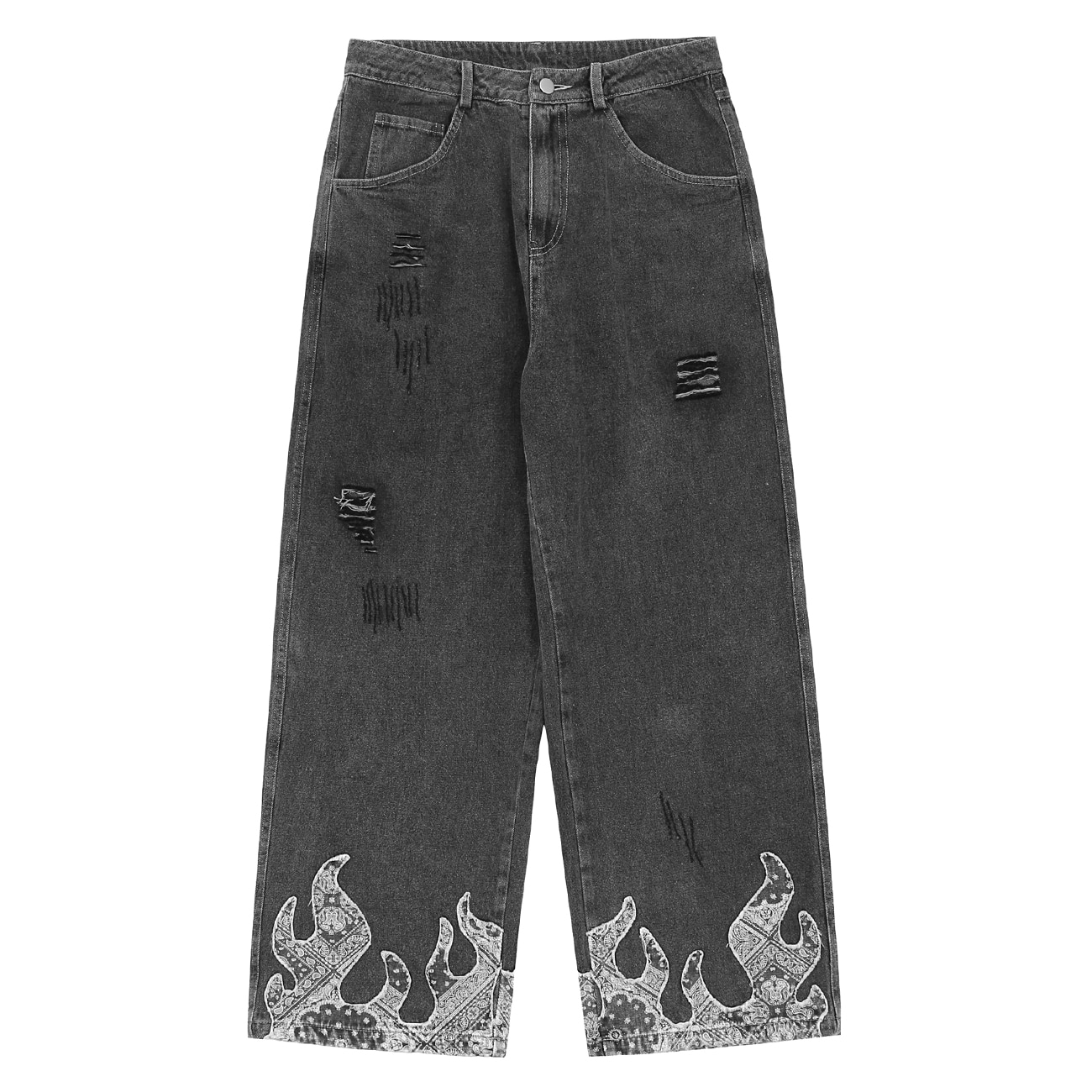 Hip Hop Pants Man Women Streetwear Fire Flame Print Men Trousers Harajuku Ripped Hole Oversized Joggers Pants Jeans Black