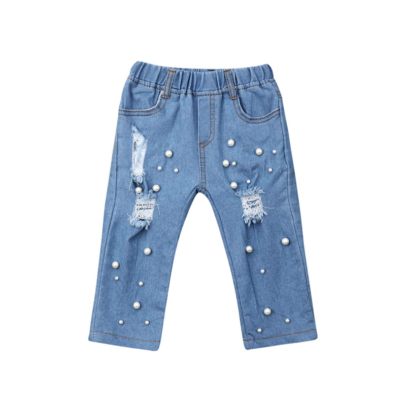 Jean d'été pour fillettes, bleu Denim, trous, perles élastiques, décontracté: 5T