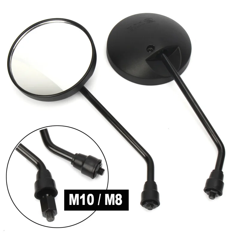 Um par preto motocicleta scooter espelhos universal moto espelho retrovisor m8 m10 redondo oval espelho convexo