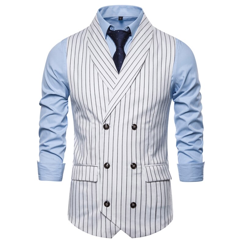 Verticaal gestreept dubbelrijs vest heren sjaalkraag slim fit gilet heren formeel zakelijk bruiloft chaleco hombre: Wit / Xl