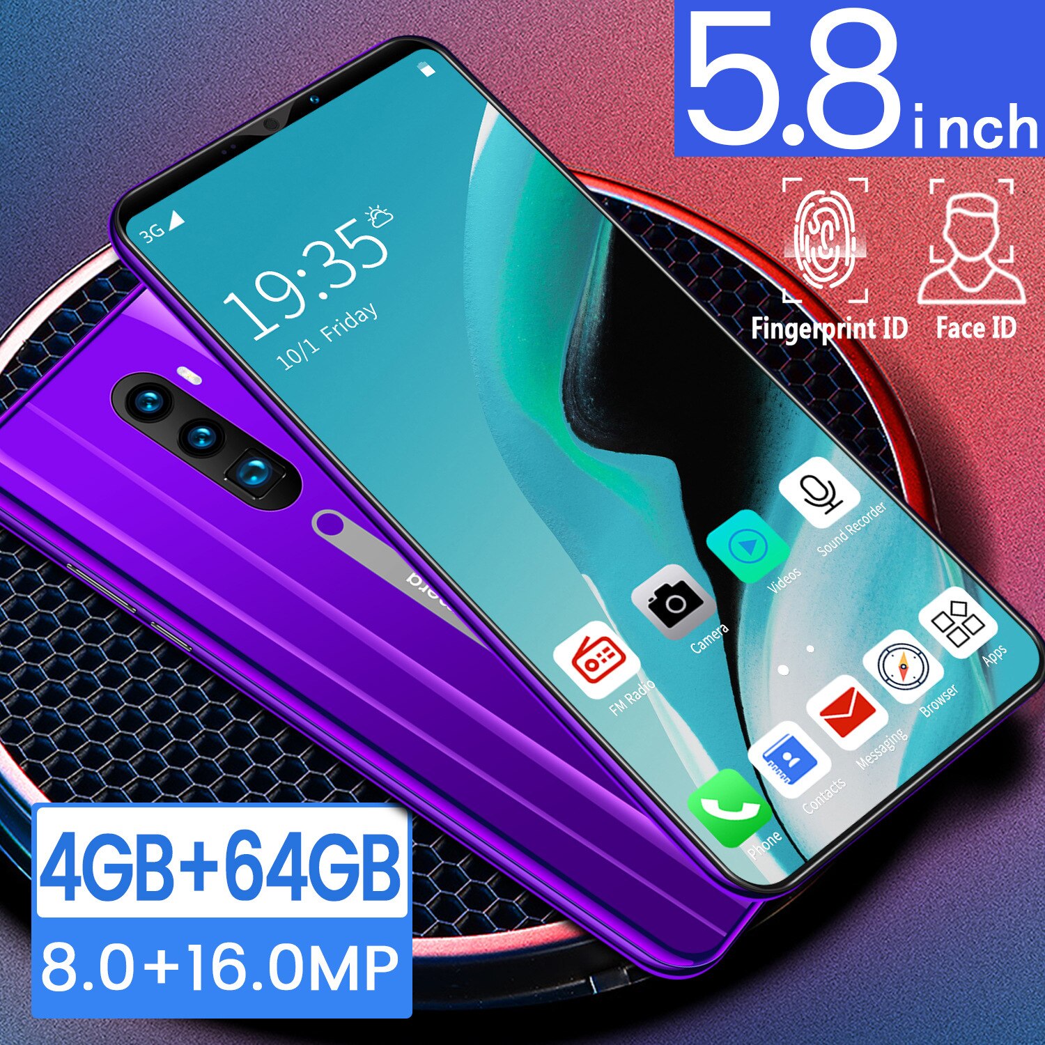 Rino 3 pro 5.8 tommer skærm android telefon lilla vand skærm smartphone ensfarvet mobiltelefon sej form