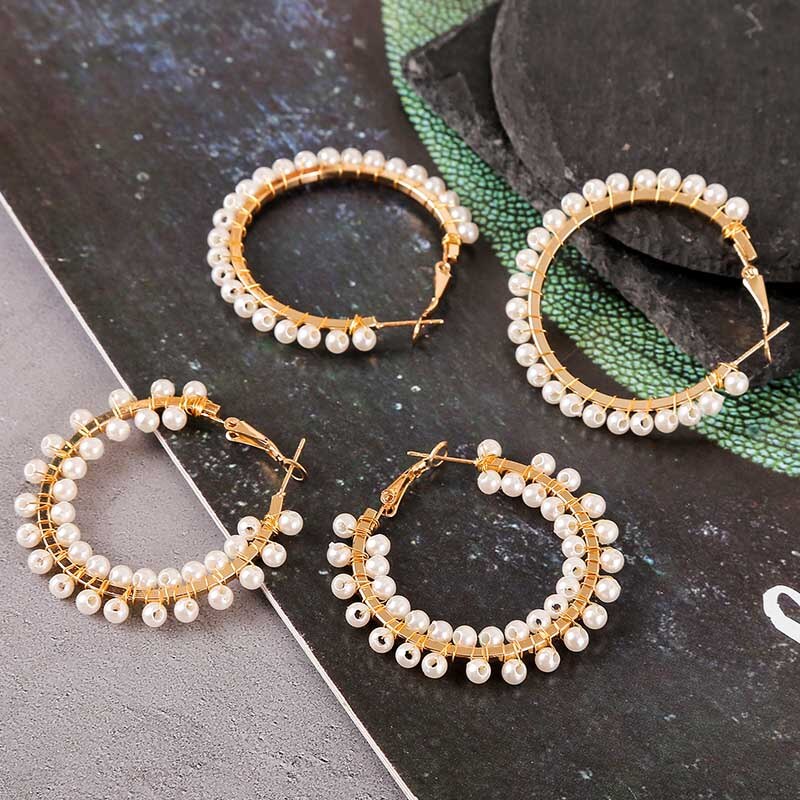 Klassieke Parel Hoepel Oorbellen Voor Vrouwen Trendy Ronde Handgemaakte Kralen Cirkel Oorbel Dames Party Verklaring Sieraden