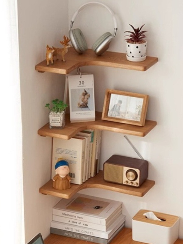 Corner Shelf Wall Mounted Solid Wood Oak Corner Shelves, Floating Shelf for Living Room, Bathroom, Kitchen Corner Organizer Rack