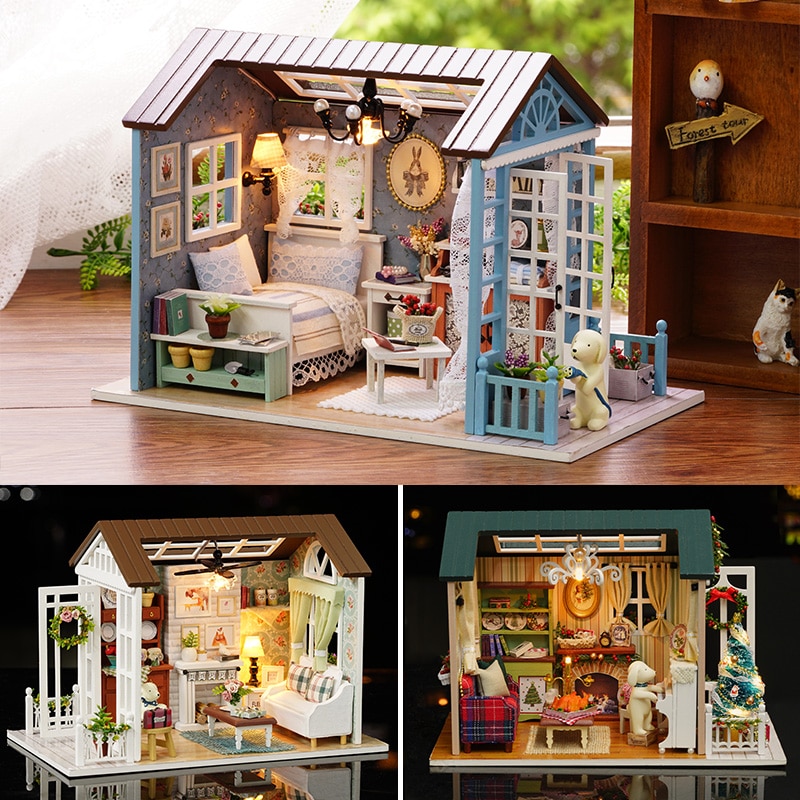 Dukkehus miniature gør-det-selv-model dukkehus med møbler amerikansk retrostil træhus håndlavet legetøj skov gange  z007 # e