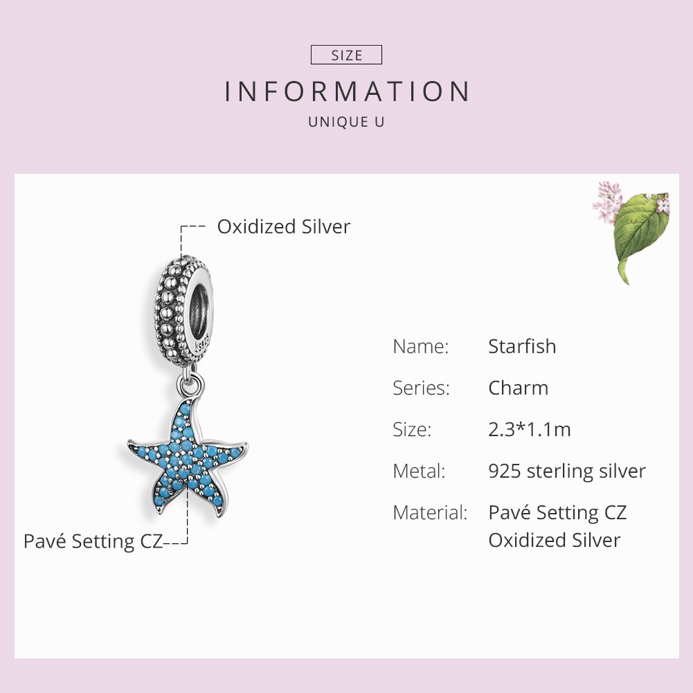 WOSTU Blau Stein Seesterne Schwimm Baumeln Charme 925 Sterling Silber CZ Perlen passen Original Armbinde Anhänger DIY Schmuck FIC1210