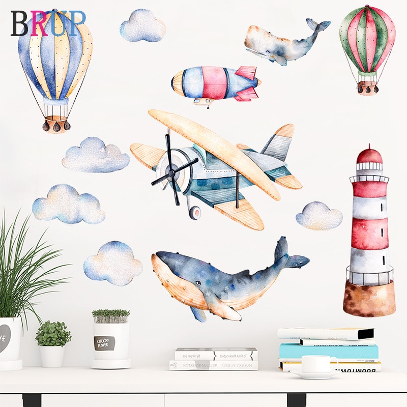 Handgeschilderde Stijl Luchtballon Muurstickers Sharks Vliegtuig Muurstickers Voor Kinderkamer Baby Nursery Decoratie Home Decor