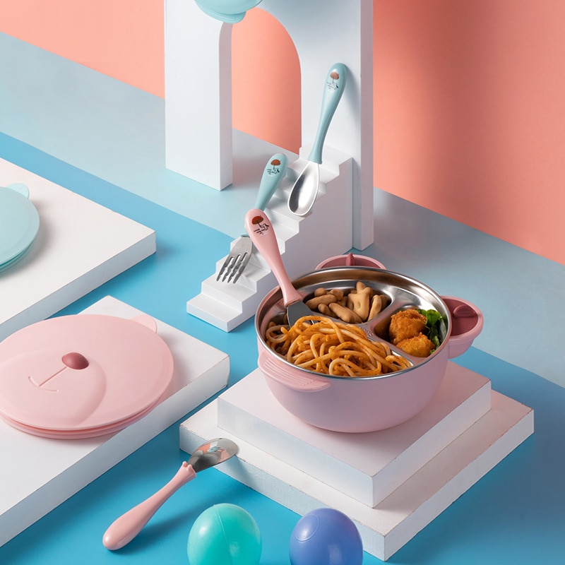 Plato de comedor de acero inoxidable para niños, ventosa anticaída para bebés, Bol Lleno de agua de calor para conservar Su plato divisorio