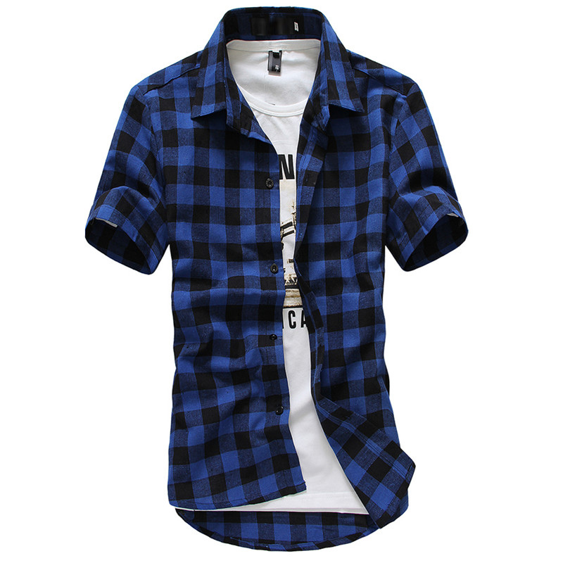 Rød og svart rutete skjorte herre sommer kul casual outwear herre kjole skjorter camisa sosial skjorte herre: Blå / L