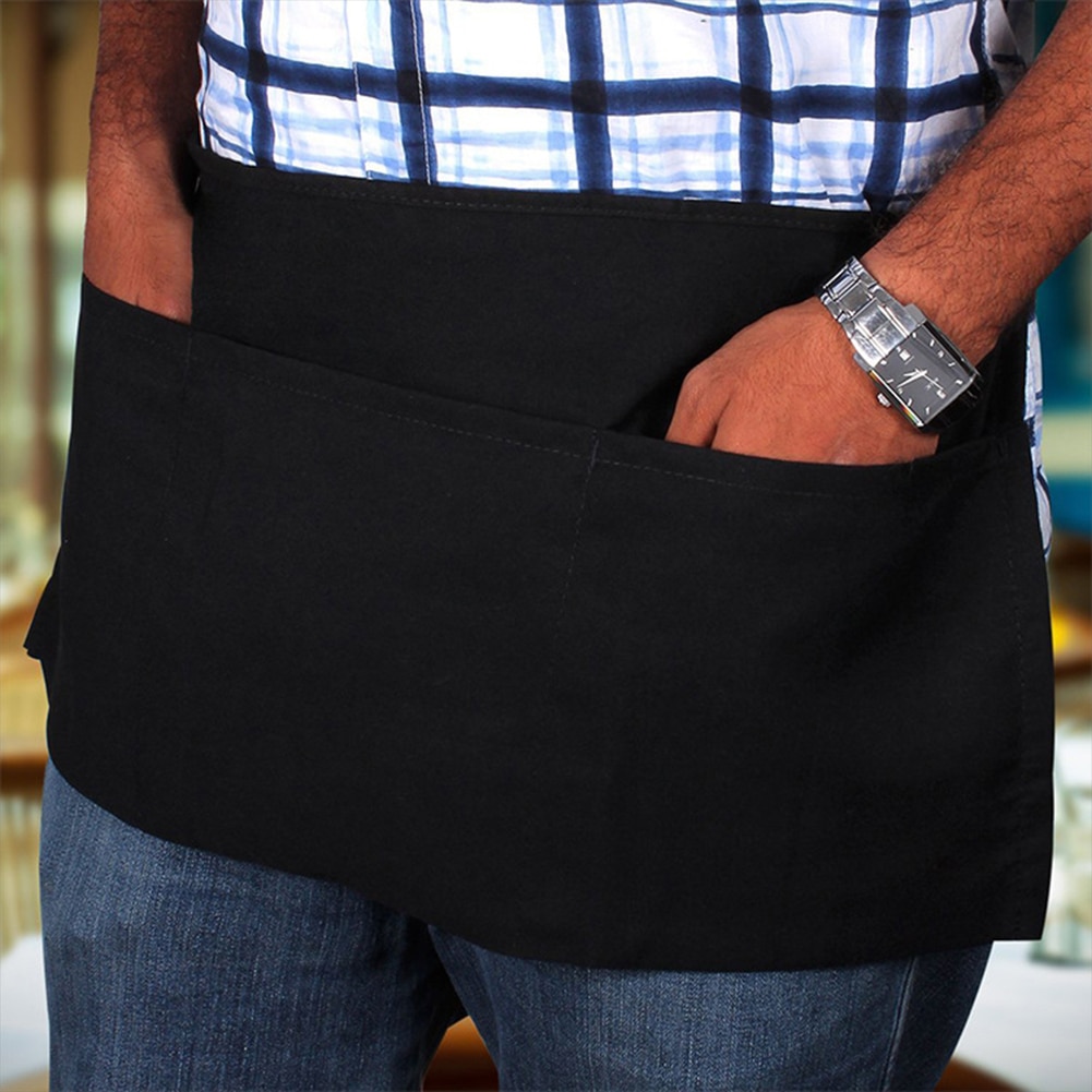 Black Waterproof Half Apron Catering Baking Bar Hotel Waiter Kitchen Home Apron 3 Pocket Ladies Mens Cotton Short Waist Chefs