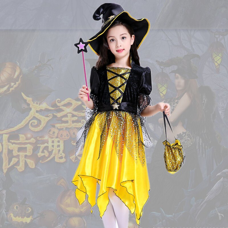 Children's Halloween Yellow Elf Costume Dress Girls Dress Up Prom Dress Set for Kids