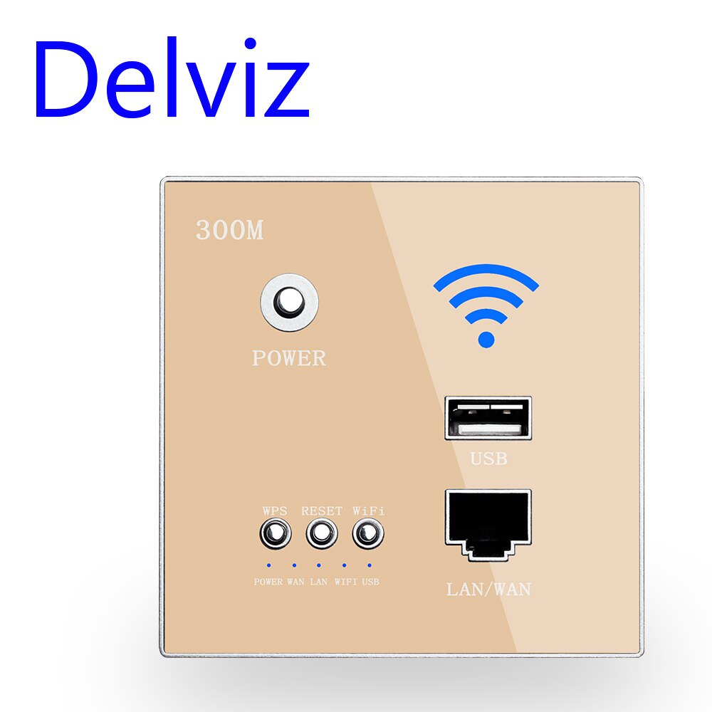 Delviz enchufe WiFi inalámbrico Rj45, AP Relay Smart usb Socket, panel de cristal, 220V de potencia, enrutador integrado de 300Mbps WIFI pared: Gold